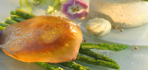 Champignon-Royale mit grünen Spargelspitzen an gebratenem Foie Gras Schnitzel